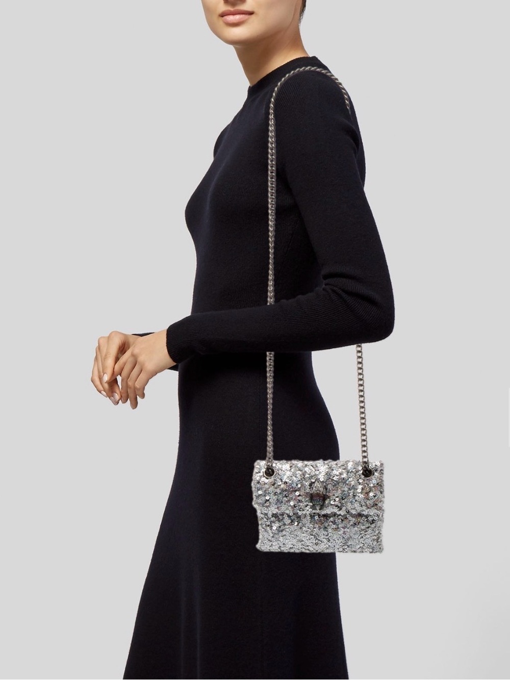 Kurt Geiger London Mini Kensington Silver Sequin Crossbody Bag - Picture 8 of 9